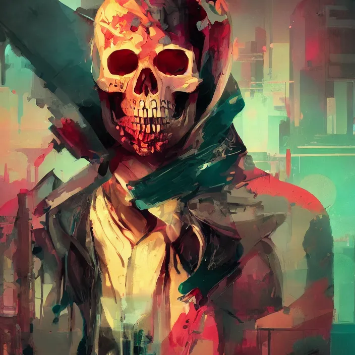 Image similar to a colorful comic noir illustration painting of a cyberpunk skull by sachin teng, sergey kolesov, greg rutkowski, in style of digital art. hyper detailed, sharp focus, soft light. octane render. ray tracing. trending on artstation