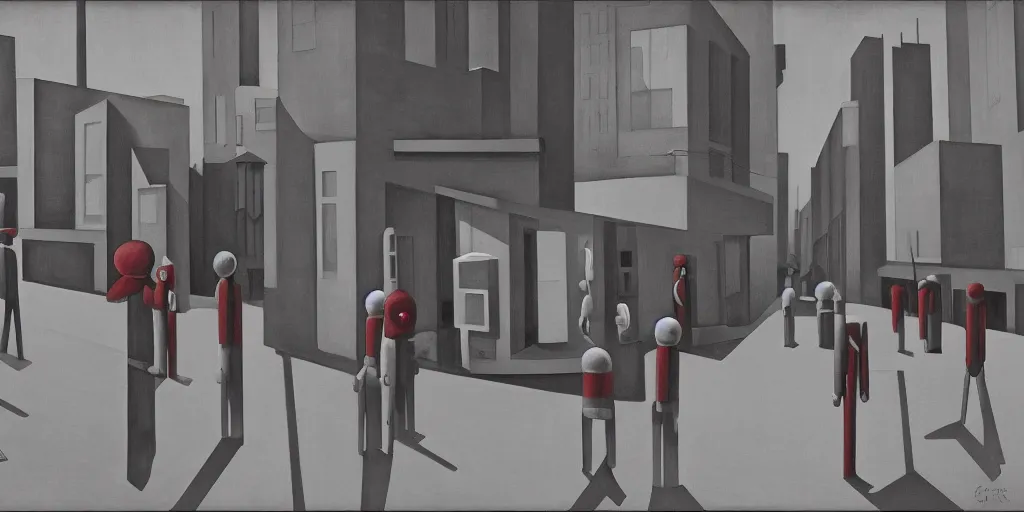 Prompt: red robots queue up in a stark grayscale brutalist town, street elevation, grant wood, pj crook, edward hopper, oil on canvas