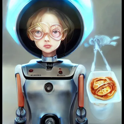 Image similar to a beautiful robot girl cooking breakfast | | cute - fine - face, pretty face, fine details by stanley artgerm lau, wlop, rossdraws, james jean, andrei riabovitchev, marc simonetti, and sakimichan, trending on artstation