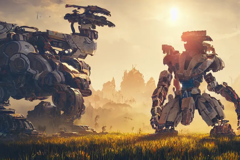 Image similar to scrapper machine mecanical creature robot of horizon forbidden west horizon zero dawn radiating a glowing aura global illumination ray tracing hdr fanart arstation by ian pesty and alena aenami artworks in 4 k