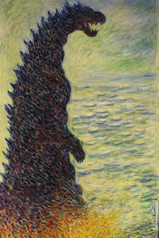 Image similar to shinzo abe head on Godzilla painting by claude monet