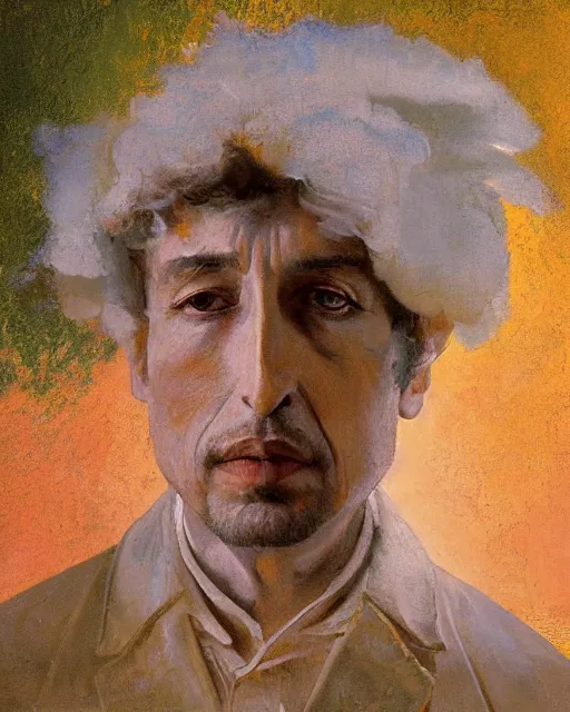 Prompt: painterly portrait, Bob Dylan, impasto, fantasy, chuck close:7, carl spitzweg:7, cinematic light, full face, symmetrical face