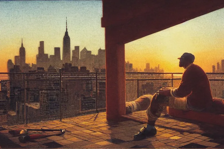 Image similar to painting of a rapper in a rooftop, watching new york, beautiful, sunset, romantic, by ludwig deutsch and maxfield parrish, patterned tilework, extremely detailed, cinematic lighting, smooth sharp focus