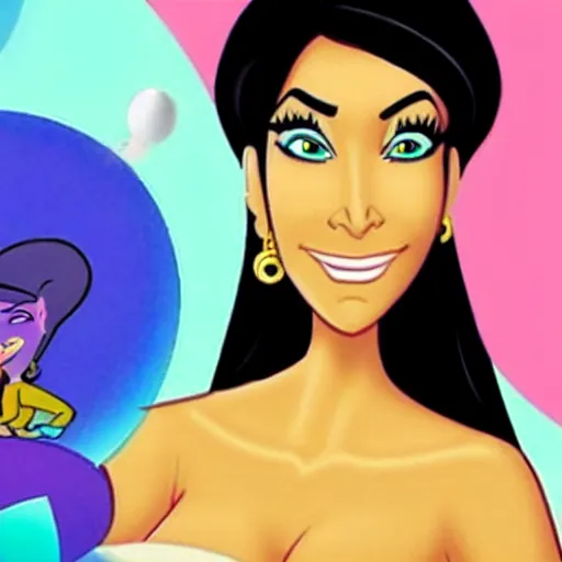 Prompt: kim kardashian in old disney cartoon smoking weed