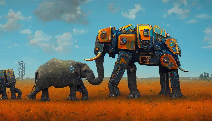 Prompt: an intricate oil painting of a giant south african armored elephant shaped scrap metal mecha by simon stalenhag, yellow, orange and cyan paint decals