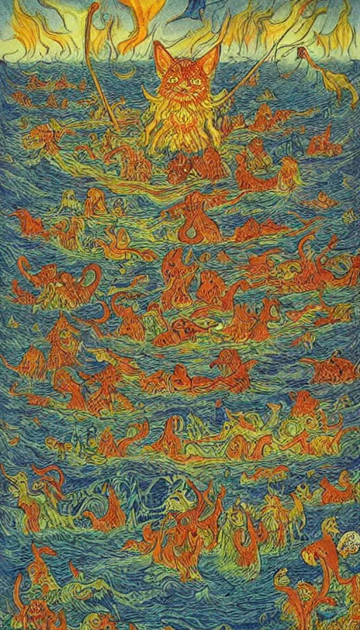 Prompt: man on boat crossing a body of water in hell with creatures in the water, sea of souls, by louis wain