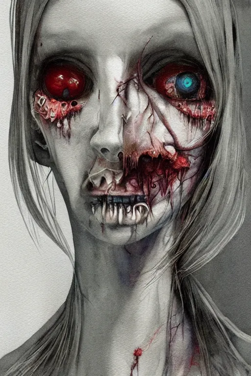 Image similar to watercolor cartoon grunge portrait of a creepy horror nurse girl . intricate abstract. intricate artwork. nightmare fuel. terrifying. by zdzisław Beksiński, wlop, dan mumford , trending on artstation, greg rutkowski very coherent symmetrical artwork. cinematic, hyper realism, high detail, octane render, 8k