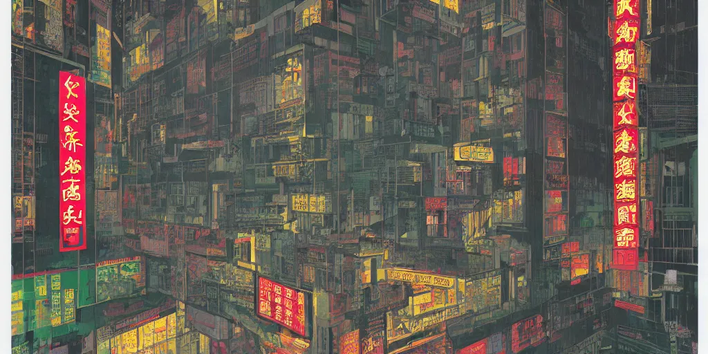 Image similar to through a window, view in hong kong, by dan mumford and peter doig and edward hopper, minimal, black in, thick lines highly detailed, muted colours, overlaid with chinese adverts, 8 k