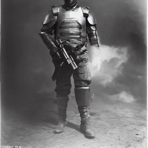 Prompt: old black and white photo, 1 9 1 3, depicting bruce willis in combat armor with guns, historical record, volumetric fog