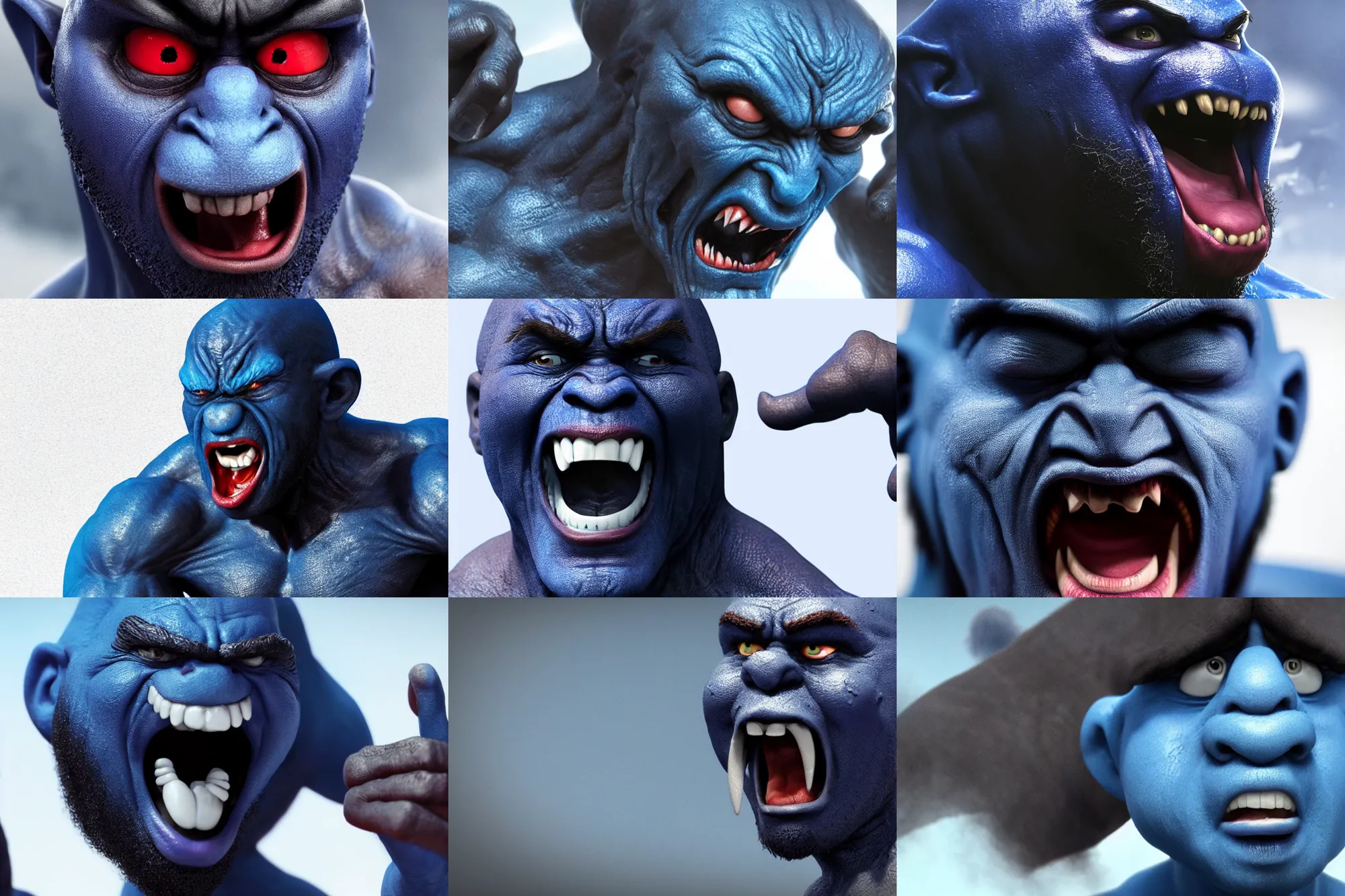 Prompt: close up of black smurf being very very angry, screaming at everybody for a very good reason, cgi, photorealistic painting, very detailed, rich texture, low volumetric light, minimalistic on white background