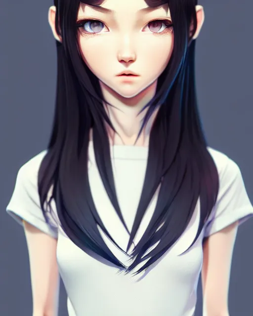 Image similar to full 1 2 0 mm face portrait of a beautiful slender kazakh girl, in tshirt, happy, by saruei and guweiz and ilya kuvshinov and grant morrison and range murata digital art, highly detailed intricate, sharp focus, trending on artstation hq deviantart pinterest, unreal engine 5, 4 k uhd image