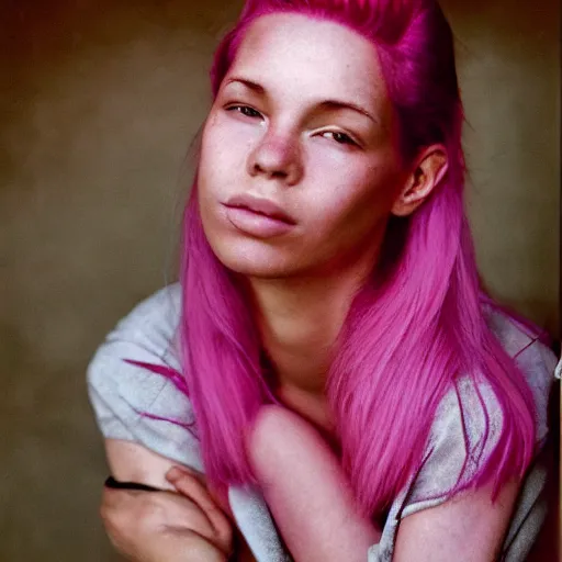 Image similar to a beautiful woman with pink hair and fair skin, portrait photograph, nikon 3 5 mm, photograph by annie leibovitz and steve mccurry,