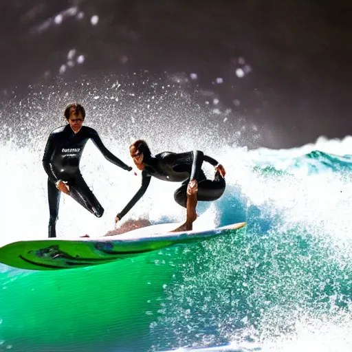 Prompt: 2 person surfing on wave made of cosmic dust