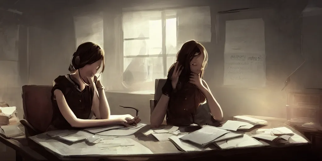 Image similar to an environmental concept art of a female student sitting at a desk, highly detailed, cinematic, dramatic lighting, close shot by francis tneh