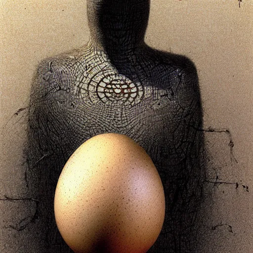 Image similar to humpty dumpty in form of egg, detailed pattern on skin, full front view by luis royo and wayne barlowe, beksinski