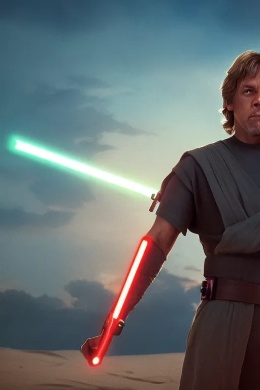 Image similar to luke skywalker wielding a lightsabre in a heroic pose against a tattooine sunset, dramatic lighting, octane render