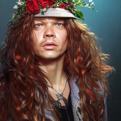 Image similar to axel rose portrait, intricate, highly detailed, digital painting, artstation, concept art, smooth, sharp focus, illustration, unreal engine 5, 8 k, art by artgerm and greg rutkowski and alphonse mucha