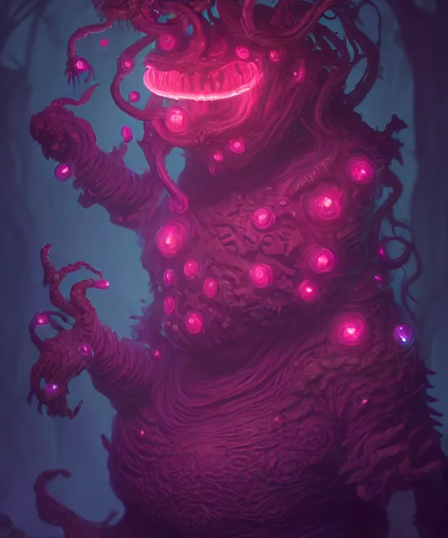 Image similar to a xanathar made of bioluminescence slimy skin, fantasy, elegant, crisp 8 k line art, digital painting, artstation, unreal engine, octane render, emissive lighting, concept art, matte, sharp focus, hyper realistic lighting, illustration, deep royal blue and pink color scheme, art by wlop