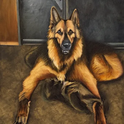 Image similar to a oil painting of a humanoid german shepherd beast - man, wearing military outfit, sitting on the carpeted floor beside a bed