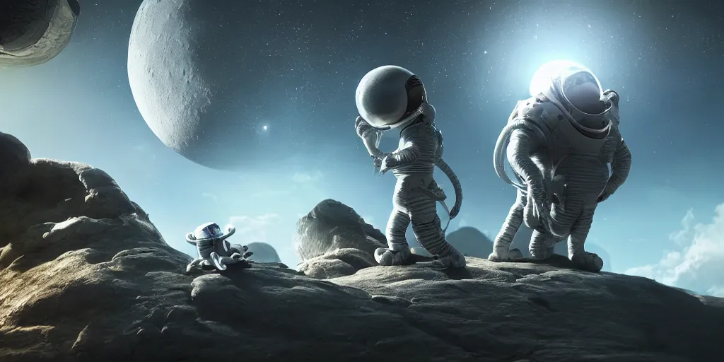 Prompt: moon space enviroment with a alien cutes creatures , unreal 5, hyperrealistic, realistic, photorealistic, dynamic lighting, highly detailed, cinematic landscape, studio landscape, studio lighting