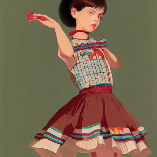 Image similar to little girl wearing an gucci's outfit. art by ilya kuvshinov, inspired by balthus, highly detailed, 8 0 s anime art style, realistic,