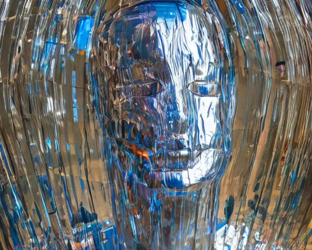 Prompt: a giant abstract sculpture of a human head wrapped in cling film, in the style of chad knight, award winning, cinematic, hyper - realistic, very detailed, realistic water splashes, ray tracing, 8 k resolution, long - shot, sharp focus, low angle, 8 5 mm photograph, wide lens