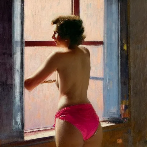 Prompt: A woman looking through a rainy window, back view, pink string bikini, modest, 1950s, americana, award-winning, warm colors, by Ilya Repin, deviantart
