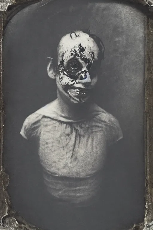 Image similar to faded daguerreotype portrait of disturbing haunted demonic abomination clown body horror