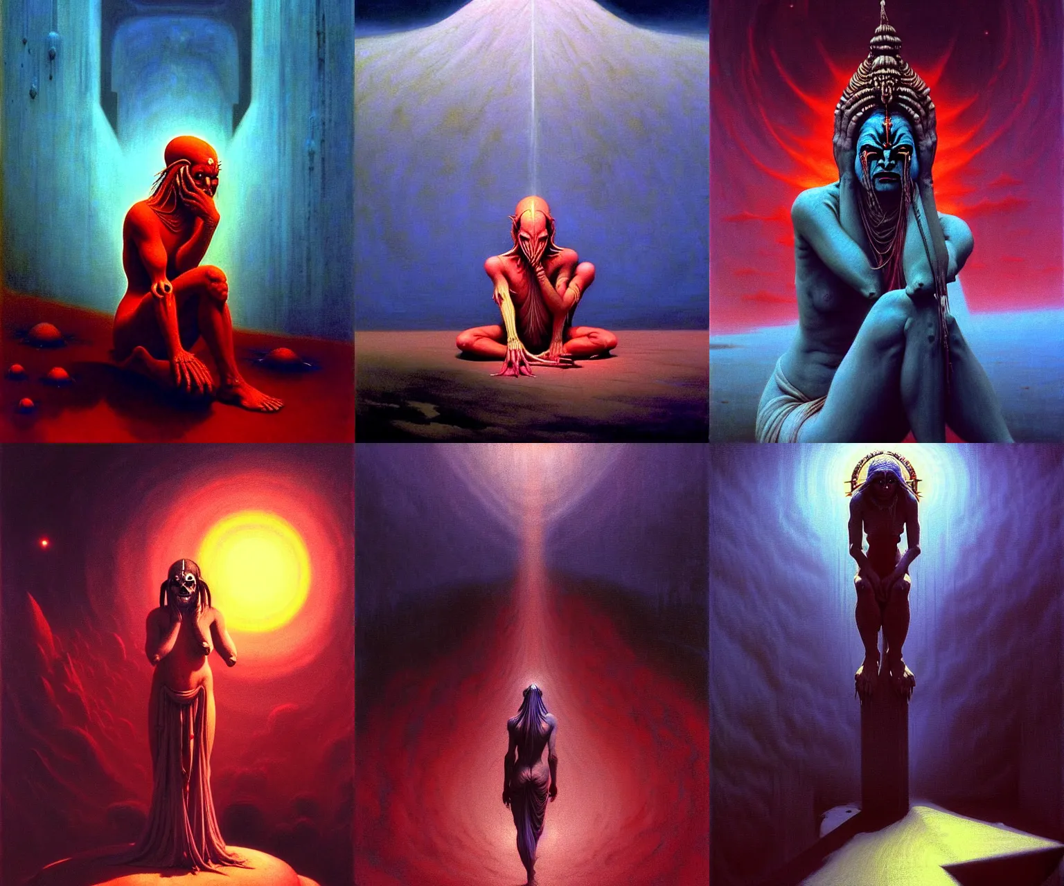 Prompt: A cinematic mid portrait of the crying Hindu demon goddess of grief despair sorrow, by Edward Hopper, by Wayne Barlowe, by Paul Lehr, by Bruce Pennington, by Zdzisław Beksiński, by HR Giger, oil on canvas, masterpiece, trending on artstation, featured on pixiv, cinematic composition, astrophotography, dramatic pose, beautiful lighting, sharp, details, details, details, hyper-detailed, no frames, 8K