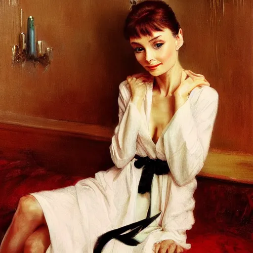 Image similar to detailed realistic cinematic wide shot of beautiful attractive audrey hepburn vampire woman wearing black bath robe slim face symettrical face clean skin black eyes black robe smooth, sharp focus, ultra realistic, spring light, painting by gaston bussiere, craig mullins, j. c. leyendecker