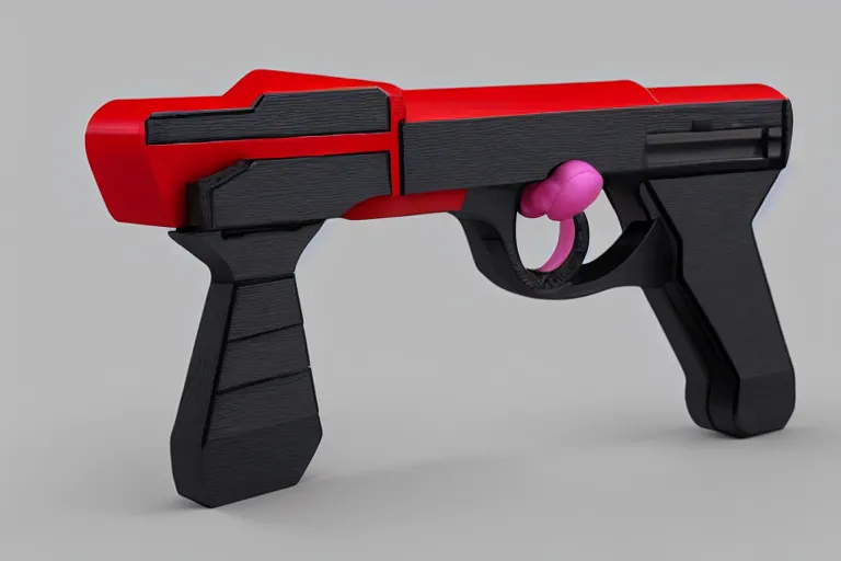 Image similar to product photo of toy hand gun made by fisher price, colorful plastic, high quality, intricate detail, realistic textures, octane render, unreal engine 5, hyperrealism