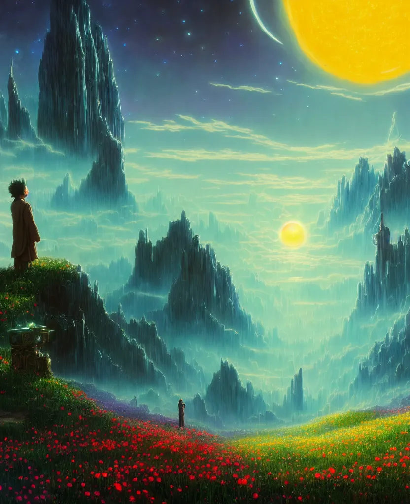 Prompt: spiritual evolution by albert bierstadt, anime cgsociety flowers nature bio shock at dawn at dusk meadow tron matte painting studio ghibli alien futuristic cosmic poppy wilderness fantasy liberty city bladerunner 2 0 4 9 fisheye azeroth, archdaily, wallpaper, highly detailed, trending on artstation.