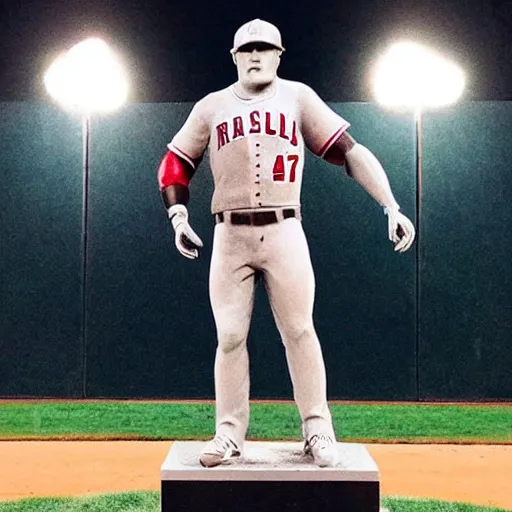 Prompt: “a realistic detailed photo of a guy who is named Mike Trout a baseball player, frozen like a statue, with shiny skin, by a pool, on display”