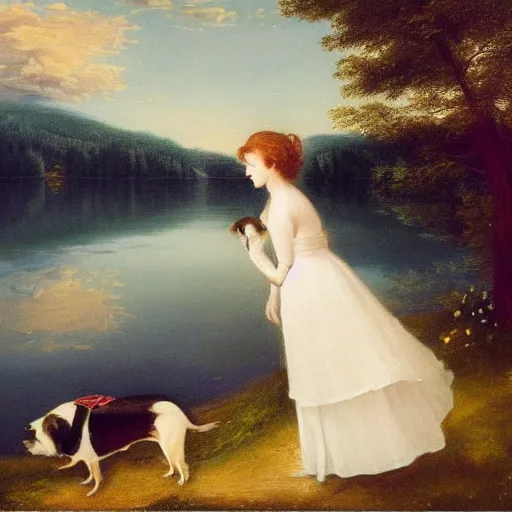 Image similar to a beautiful girl with a beautiful face wearing white dress, a dog, john martin landscape, lake, evening