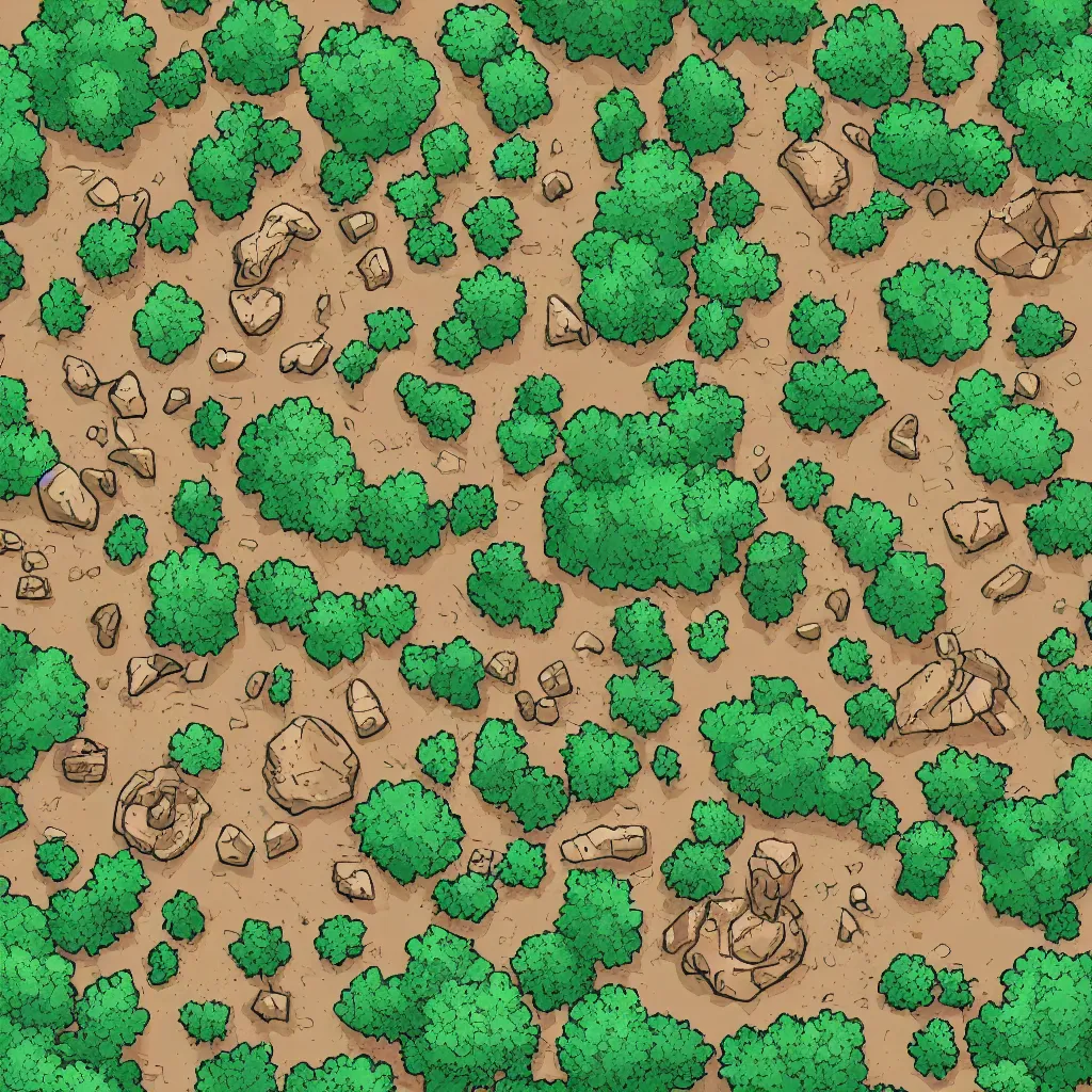 Prompt: lineart aerial view tileset : ground, tree, rock and wizard tower