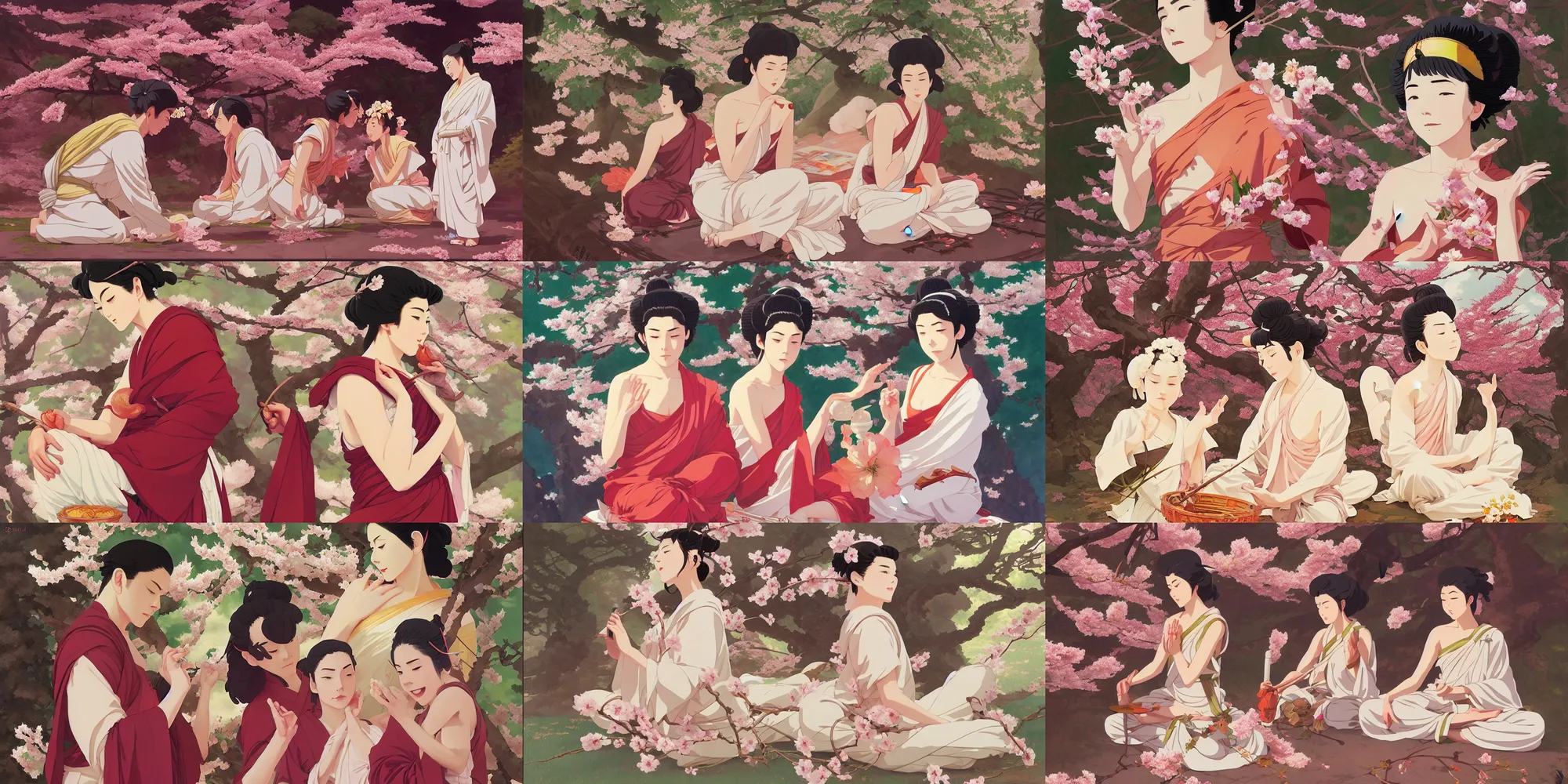 Prompt: buddhism, cherry blossoms, in the style of studio ghibli, j. c. leyendecker, greg rutkowski, artem