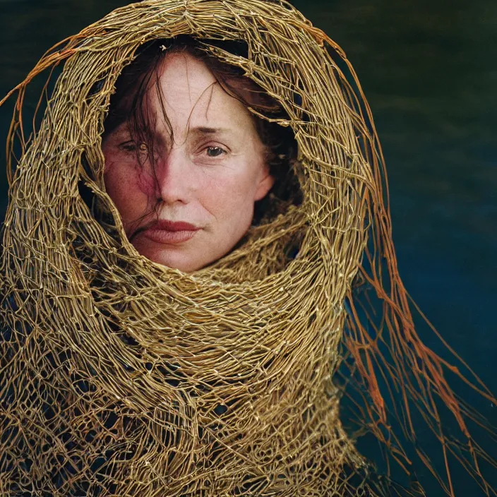 Image similar to closeup portrait of a woman with a cloak made of ribbons and twine, sitting in water, by Annie Leibovitz and Steve McCurry, natural light, detailed face, CANON Eos C300, ƒ1.8, 35mm, 8K, medium-format print