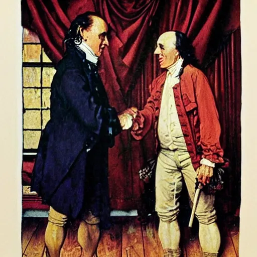 Image similar to norman rockwell painting of 1 7 7 6 ben franklin shaking hands with 3 0 - year - old, virile dracula