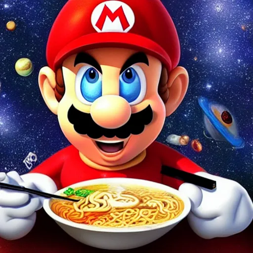 Image similar to mario in space eating ramen, trending on artstation, ultra realistic, ultra detailed, digital painting