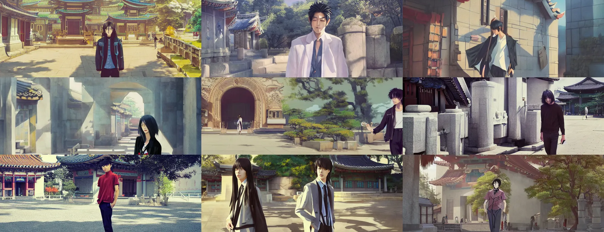 Prompt: a trendy korean male model with long straight hair at a temple on a nice sunny afternoon, strong shadows, overexposed sunlight, a screenshot by krenz cushart, pixiv contest winner, action painting, 2d game art, official art, award-winning, art by Studio Ghibli, by Chris Moore, high details