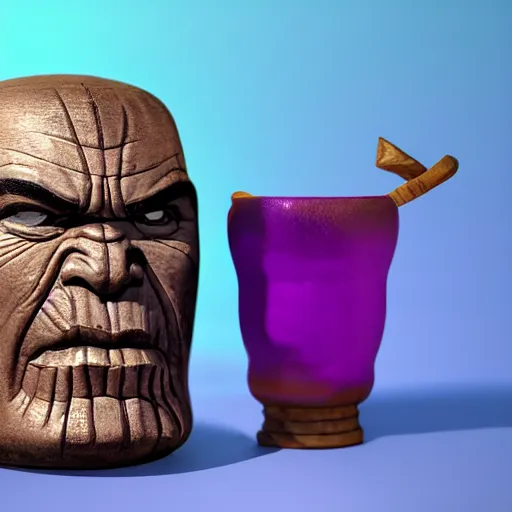 Image similar to a closeup photorealistic photograph of a glossy thanos style tiki mug sitting at a trader vic's bar featuring the face of thanos. tiki party. bright scene. fine detail. this 4 k hd image is trending on artstation, featured on behance, well - rendered, extra crisp, features intricate detail, epic composition and the style of unreal engine.