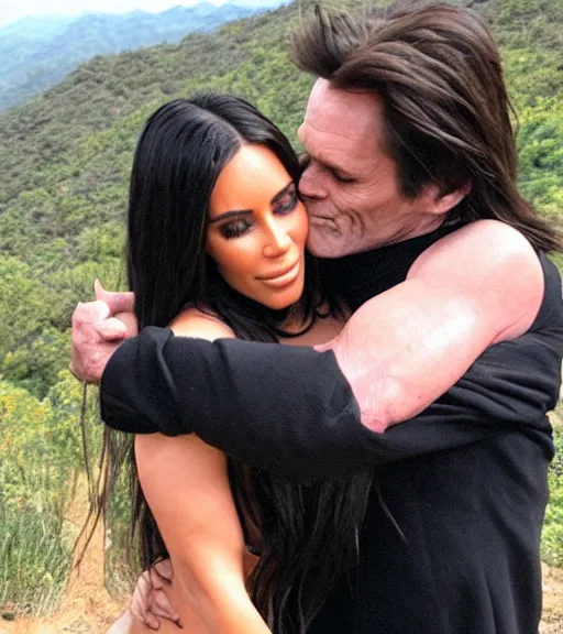 Image similar to jim carrey hugging kim kardashian as he holds her waist, on a scenic hill