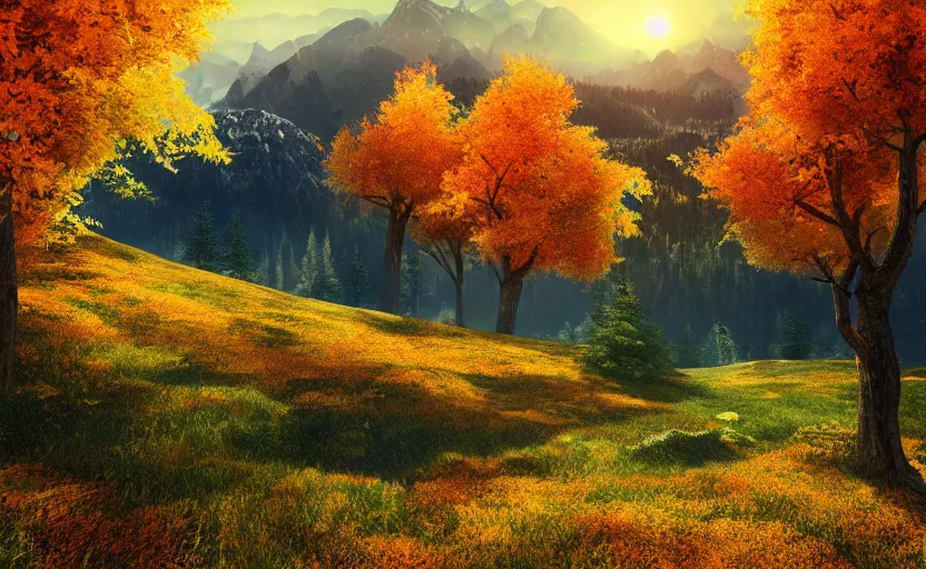 Prompt: mountain landscape in autumn!!!, flowers, trees, bright landscape, dreamy light, sunny, floating particles, complementary palette, by and jacek yerga and jesse king, pop surrealist, wiccan, unreal engine, bokeh, detailed