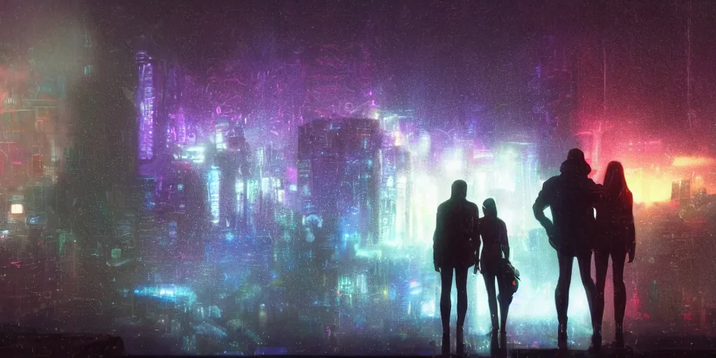 Prompt: one couple cyber godly persons made of cosmic nebula galaxy energy watching a rainy colorful cyberpunk futuristic city from behind at night through a window in his room, reflections, 8 k, photorealistic, concept art, wet, highly detailed, cinematic moof by ridley scott, trending on artstation, glowing and epic