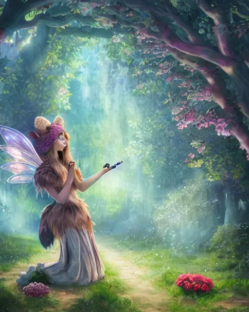 Image similar to Fox playing Flute in magical forest, portrait, wearing hat, magical notes, flowers, flower dress, birds, fairy atmosphere, magic the gathering artwork, D&D, fantasy, cinematic lighting, centered, symmetrical, highly detailed, digital painting, artstation, concept art, smooth, sharp focus, illustration, volumetric lighting, epic Composition, 8k, art by Akihiko Yoshida and Greg Rutkowski and Craig Mullins, oil painting, cgsociety