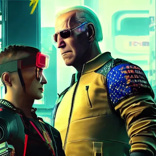 Image similar to joe biden as a cyborg in cyberpunk 2 0 7 7, technological, movie footage, high - tech, still frame