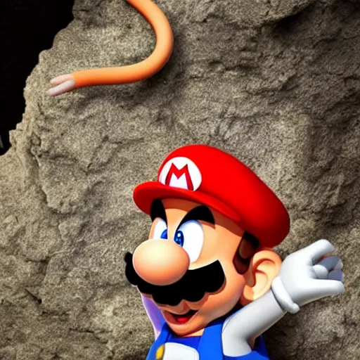 Prompt: a rat with the head of super mario in a cave