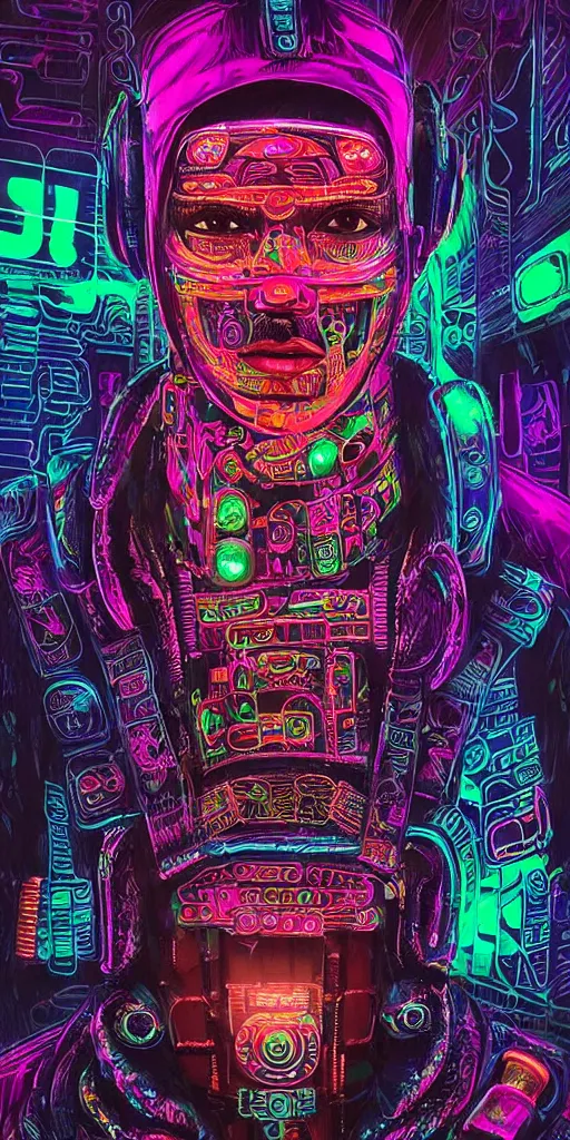 Prompt: detailed quetzalcoatl portrait Neon Operator, cyberpunk futuristic neon, reflective puffy coat, decorated with traditional mayan ornaments by Ismail inceoglu dragan bibin hans thoma !dream detailed portrait Neon Operator Girl, cyberpunk futuristic neon, reflective puffy coat, decorated with traditional Japanese ornaments by Ismail inceoglu dragan bibin hans thoma greg rutkowski Alexandros Pyromallis Nekro Rene Maritte Illustrated, Perfect face, fine details, realistic shaded, fine-face, pretty face