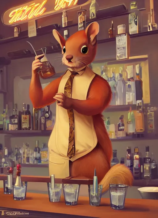 Image similar to squirrel anthro as a dapper bartender with a big, fluffy tail, retro futurism, art deco, detailed, painterly digital art by WLOP and Cory Loftis and Artgerm, 🐿🍸🍋, furaffinity, trending on artstation