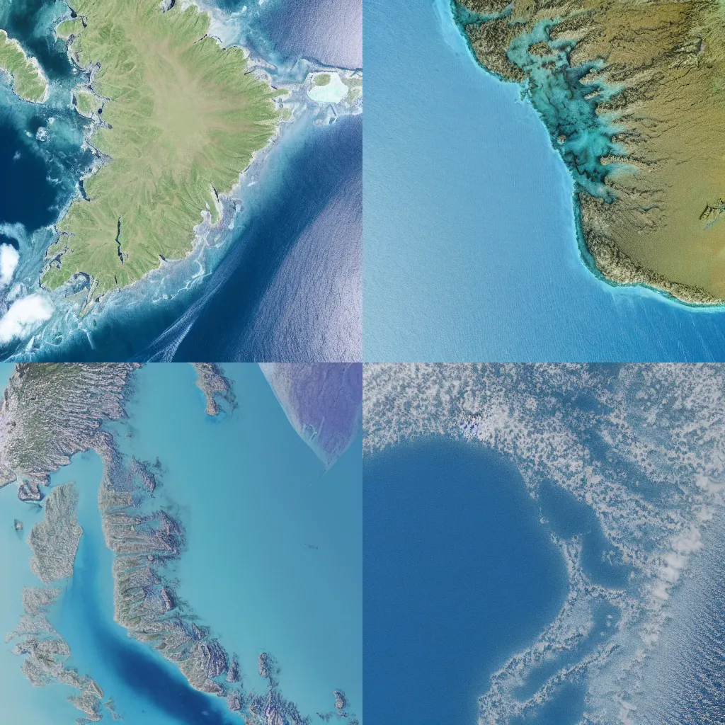 Prompt: satellite view of south georgia island in the middle of the ocean surrounded by water on all sides, blue water, 4 k